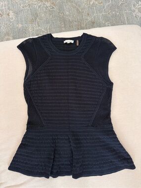 Rebecca Taylor Navy Knit Peplum Cap-Sleeve Top
